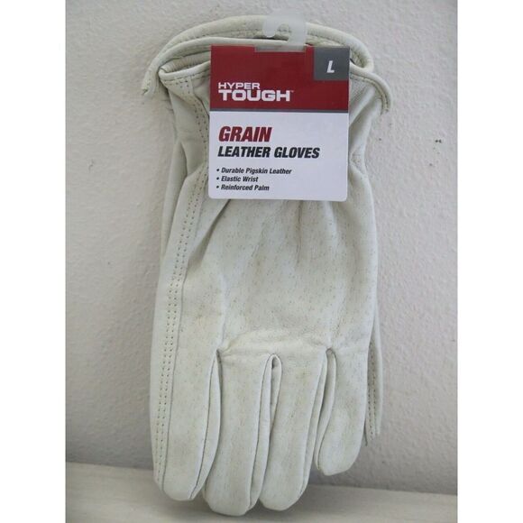 Hyper Tough Men's Large White Grain Leather Gloves w/Elastic Wrist - Picture 1 of 5